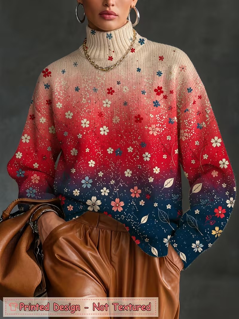 Wallpaper - レディース タートルネック Tシャツ グラデーションの花柄プリント 長袖 プルオーバー