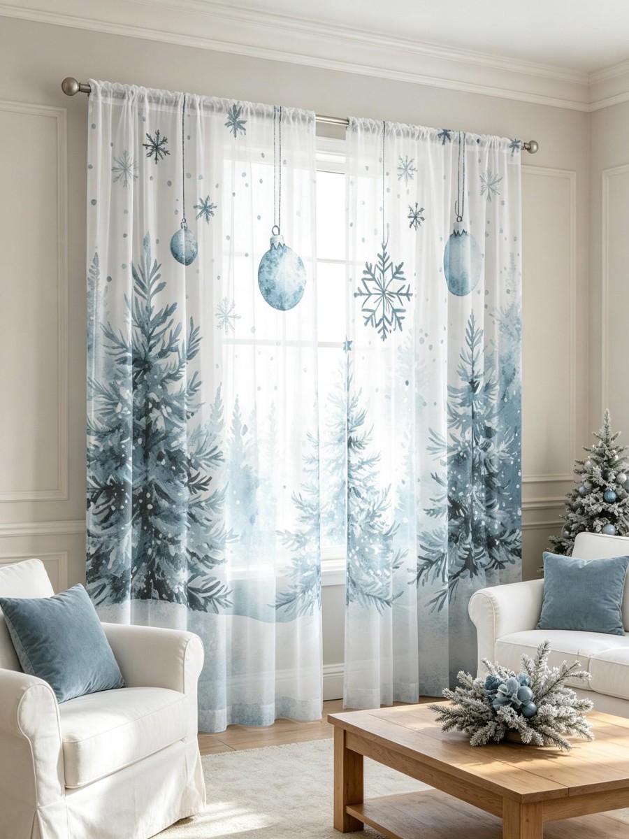 Curtain Rods - クリスマス柄のシアーカーテン2枚セット。青い雪の結晶の水彩画風のデザイン。デジタルプリント。寝室やリビングに。ロッドポケット付き。インテリア装飾に。